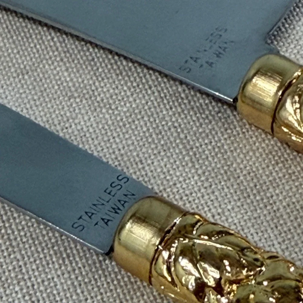 Vintage 3pc Cheese Knife Set Gold Grape Vine Handles Stainless Steel Taiwan